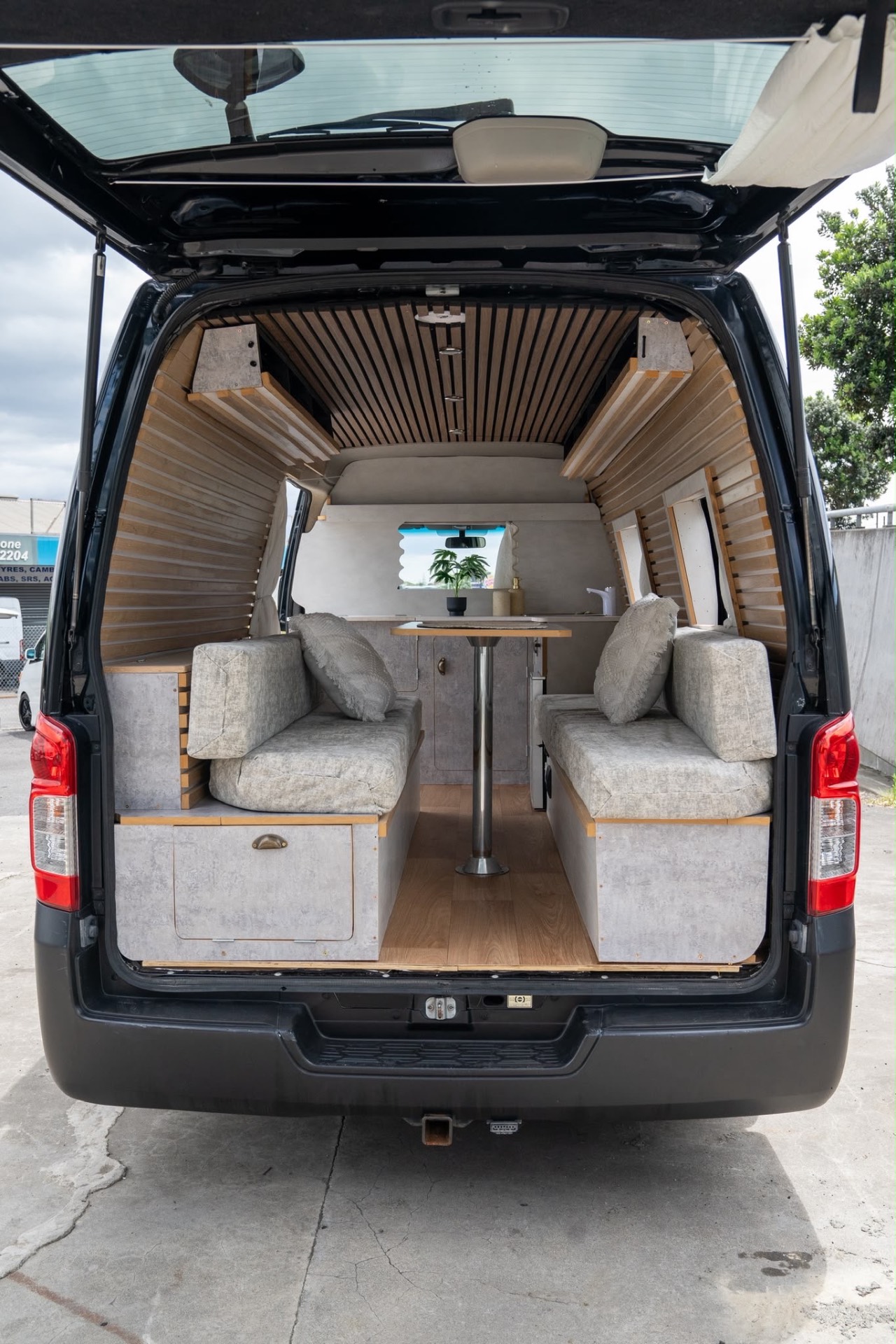 Rear-door view of a finished build in the yard